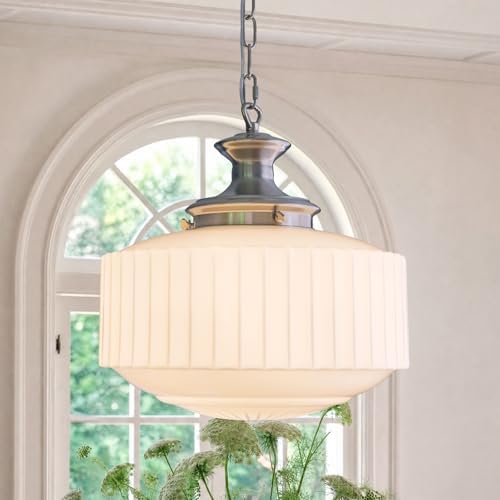 Vintage Milk Glass Pendant Lights, 13.8" White Pleated Glass Chandelier, Schoolhouse Antique Pendant Lights, for Kitchen Island Lighting, Hallway, Bedroom, Dining Room, Foyer, E26 Bulb Included by Ifyoulikepleasefollowus