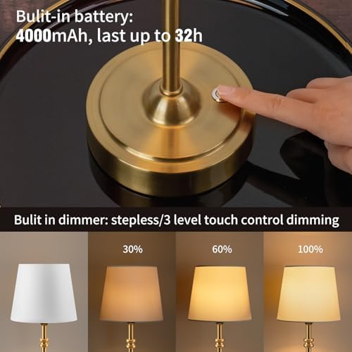 ONEWISH 2 Pack Small Cordless Lamps, Battery Operated Table lamp Dimmable, 4000mAh Rechargeable, Touch Bedside Lamp with White Fabric Shade, 2700K Bulb Included, for Dining, Patio, Bathroom(Gold) - Image 3