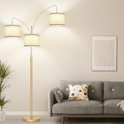 Dimmable Floor Lamp, 3 Lights Gold Arc Floor Lamp, Modern Tall Standing Tree Lamp with White Linen Shades & Heavy Base, 3000LM LED Bulbs, Bright Lighting for Living Room, Bedroom, Office & Reading by Nintiue