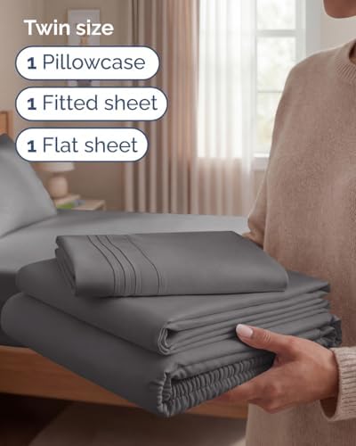 Twin Size 3 Piece Sheet Set - Comfy Breathable & Cooling Sheets - Dark Grey - Image 3