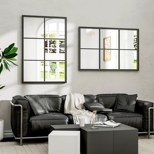 Dewfig Rectangle Wall Mirror, 36"x24" Metal Frame Windowpane Mirror, Black - Image 4