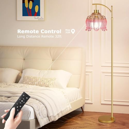 ILLMTW Pink Floor Lamp for Living Room,Bedroom,Glass Mid Century Modern Standing Lamp with Remote,Dimmable Gold Brass Tall Lamp Tulip Flower Arc Floor Light Boho Bohemian - Image 4