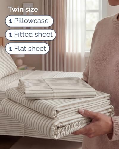 Twin Size 3 Piece Sheet Set - Breathable & Cooling Sheets - Beige Stripes - Image 3