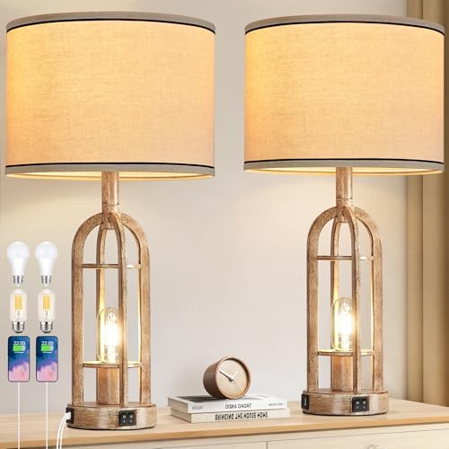 SRJJA 24" Farmhouse Table Lamps for Living Room Bedroom Set of 2, USB A+C by SRJJA
