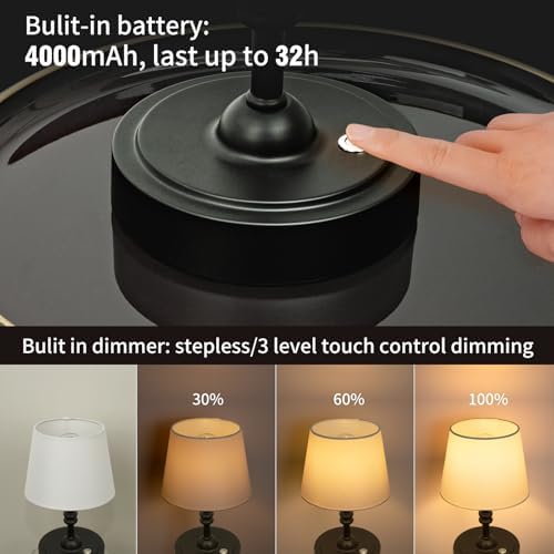 ONEWISH Small Cordless Lamp Dimmable-Battery Operated Table lamp, 4000mAh Rechargeable, Touch Bedside Lamp with White Fabric Shade, 2700K Bulb Included, for Dining, Patio, Bathroom(Black) - Image 3