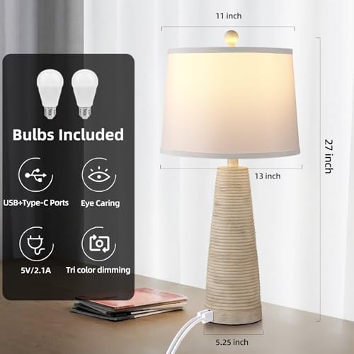 Terpsichore Nightstand Lamp Bedside Lamps Set of 2 Vintage Rustic Farmhouse Table Lamp 3 Way Dimmable Horizontal Stripe Light,for Living Room Bedroom,USB A+C (Pale Yellow, Hing 27 in) - Image 2