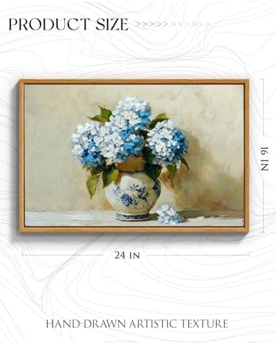 InSimSea Framed Canvas Art Hand-Painted Vintage Blue Hydrangea Art,16x24inch, Textured Floral Paintings Artwork Wall Decor for Living Dining Room Hallway, Classical Still Life Farmhouse Picture - Image 5