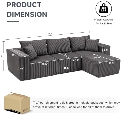Weture 107.4" Modular Bnoeless Couch, Convertible Sectional Couch, Beige - Image 3