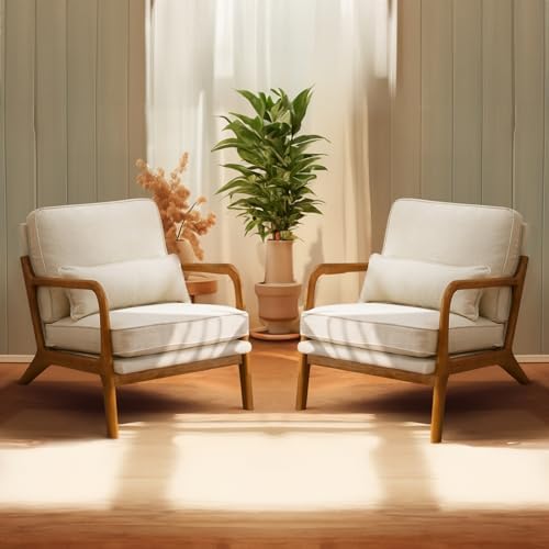Bonnlo Fine Beige Accent Chairs Set of 2, Upholstered Mid Century Modern Lounge Fabric Chairs Reading Chairs Side Sitting Chair Solid Wood Farmhouse Armchairs for Living Room, Bedroom, Guest Room by Bonnlo
