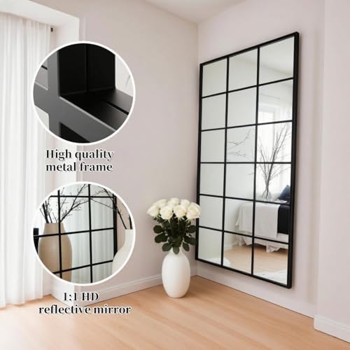 Dewfig Windowpane Full Length Mirror, 65"x 24" Floor Standing Mirror, Black - Image 7