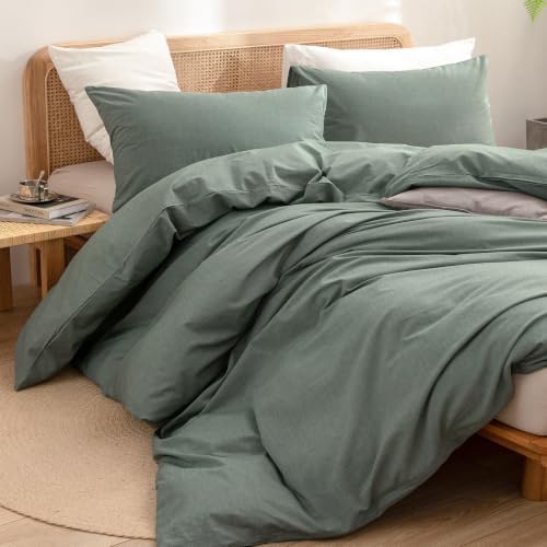 BESTOUCH Cotton Solid Duvet Cover Set Linen Feel Green Alaska King - Image 5