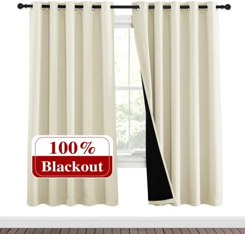 NICETOWN Living Room Completely Shaded Draperies, Privacy Protection & Noise Reducing Ring Top Drapes, Black Lined Insulated Window Treatment Curtain Panels (Beige, 2 Pieces, W62 x L72) - Image 2