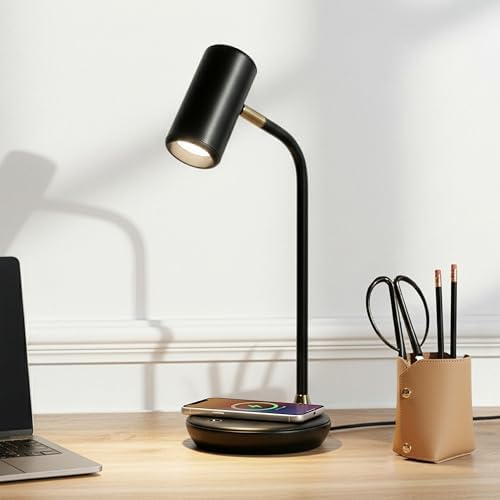 Brightech Ezra Office Desk Lamp – Wireless Charging Pad and Temperature Changing Light Options – Living Room Table Lamp for Mid-Century, Art Deco, Contemporary Décor - Black by Brightech