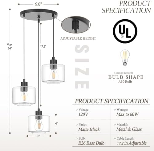 3-Light Pendant Lighting, Black Dining Room Chandelier Light Fixture Over Table with Clear Glass, Modern Cluster Hanging Lights for Kitchen Island Dining Room Sink, OS-YQ8153-3BKC - Image 3