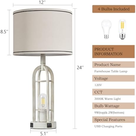 SRJJA 24" Farmhouse Table Lamps for Living Room Bedroom Set of 2, USB A+C - Image 6