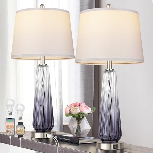Glass Table Lamps Set of 2, Modern Bedside Lamps for Bedrooms with USB A+C Ports, 3-Way Dimmable Touch Control Nightstand Lamp with White Linen Shade, 27.5" Large Lamps for Living Room Decor, Grey by Qimh
