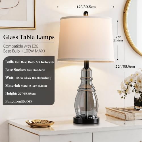 ROTTOGOON Glass Table Lamp Set of 2, Modern Table Lamps for Living Room Bedroom, Bedside Desk Lamps Vintage Nightstand Lamps with Linen Shades, 22", Black - Image 2