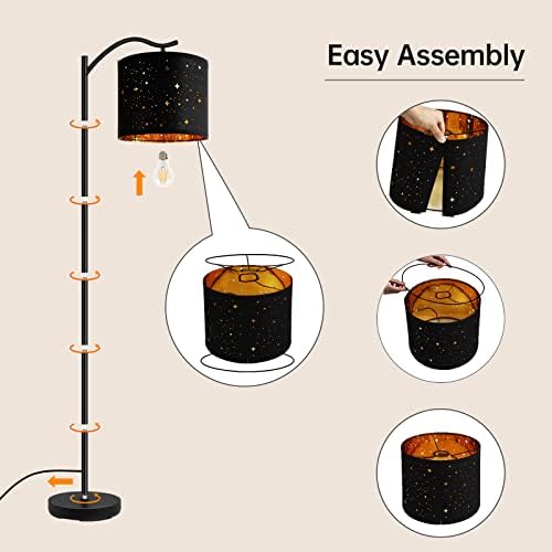 BoostArea Floor Lamp for Living Room,LED Arched Tall Modern Standing Lamp with Bohemian Linen Shade, E26 Socket, Footswitch,Black Mid Century Floor Lamp for Bedrooms,Office,Star Shade - Image 7