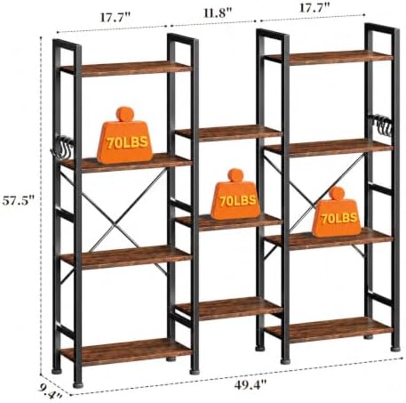 Furologee Triple 4 Tier Bookshelf, Bookcase with 11 Open Display Shelves, Large Book Shelf with 6 Hooks, Rustic Bookshelves Storage Organizer, Decorative Shelving Unit for Living Room, Home Office - Image 3