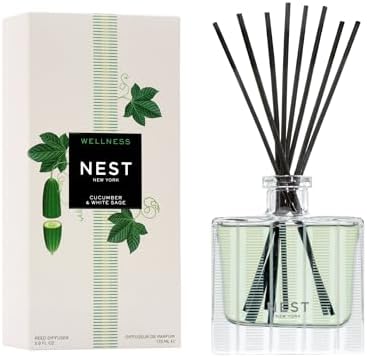 NEST New York Reed Diffuser, Cucumber & White Sage - The Wellness Collection - 5.9 fl oz - Fragrance for Up to 90 Days - Reusable, Refillable Glass Holder - Includes 8 All-Natural Reed Sticks by Unknown