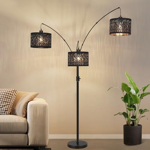 Dimmable Floor Lamp-3 Lights Arc Floor Lamps for Living Room,Modern Tall Standing Lamp With Black Drum Hollow-carved Design Shades,Gothic Mid Century Tree Floor Lamp for Bedroom Corner,Bulbs Included by EnjoyingABetterLife