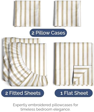 Split King Size 5 Piece Sheet Set - Breathable & Cooling - Beige Stripes - Image 2
