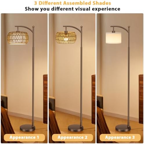 Ambimall Arc Floor Lamp with Remote & Rattan Double Shades, Brown Bohemian - Image 4