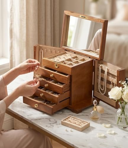 Wood Jewelry Box Organizer 5-Drawer Lockable with Mirror - Image 5