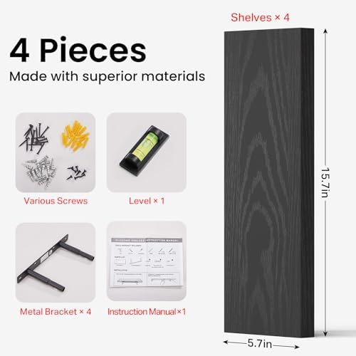 BAYKA Black Floating Shelves 15.7in, Set of 4, Wall Mount Rustic Wood Shelf - Image 3