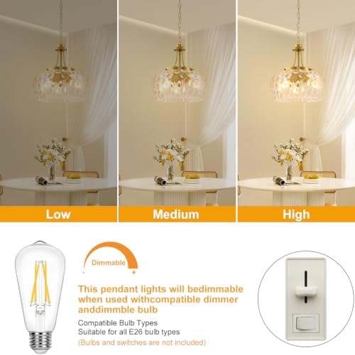 Modern Pendant Lights Kitchen Island, 3-Light Gold Pendant Light Fixtures with 14.2" Clear Hammered Glass Shade, Industrial Hanging Pendant Lights Fixture for Kitchen Island, Dining Room, Entryway - Image 6