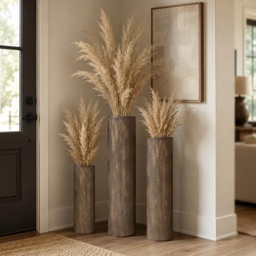 Brown Tall Ribbed Floor Vase - Set of 3 Metal Large Decorative Vases by Unknown
