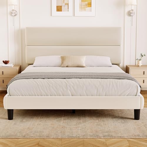 GRUSIGN Queen Size Platform Bed Frame with Velvet Headboard, Adjustable Height Wooden Slats Support, Upholstered Mattress Foundation, Fits Mattress or Mattress with Box Spring, Easy Assembly, Beige by GRUSIGN
