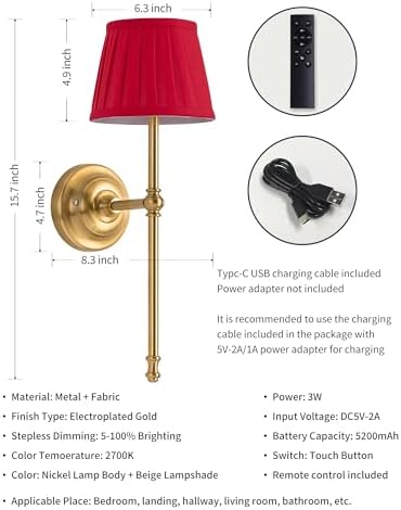KDG Gold Cordless Wall Sconces Set of 2, Red Fabric LED Wall Lamps - Image 5