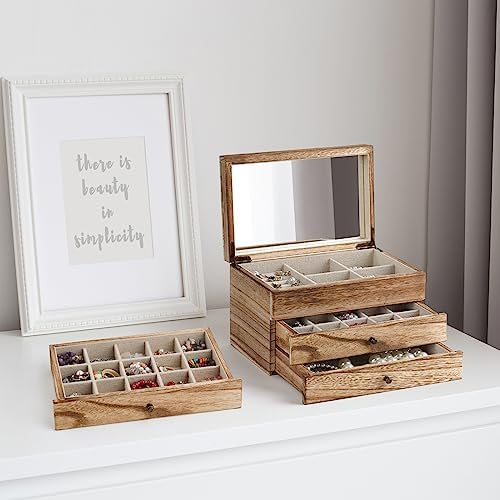 Meangood Jewelry Box Organizer for Women, 3 Layer Large Jewelry Storage Case, Rustic Wooden Jewelry Box with Mirror & Ring Tray for Necklace Earring Bracelets Rings, Vintage Style (Carbonized Black) - Image 4