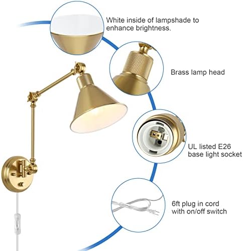 TRLIFE Wall Sconces Plug in, Dimmable Wall Sconces Brushed Brass Swing Arm Wall Lights Plug in Wall Mounted Light Industrial Wall Lights with 6FT Plug in Cord, E26 Base, UL Listed(Two Arms, 2 Pack) - Image 4