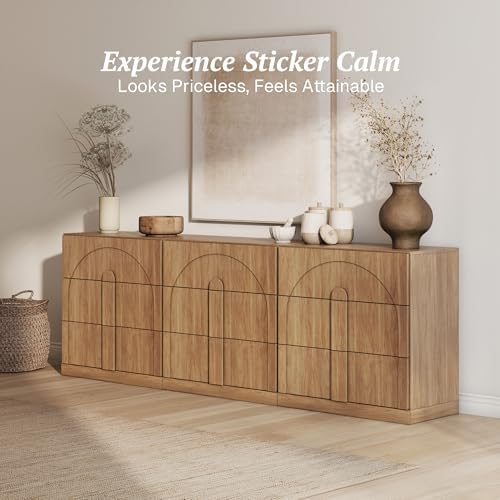 BELLEZE Sideboard Cabinet with 3 Drawers, Set of 3 Modern Wood Buffet Cabinet with Arc Design, Large Fluted Sideboard with Storage for Kitchen Living Room Entryway, Camel - Image 4