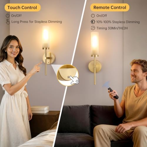 Shenmoyl Battery Operated Wall Sconces Set of 2, Gold Rechargeable Wall Lighting Fixtures, Dimmable Wall Lights with Remote & Opal Glass Shade for Living Room, Bathroom,Bedroom - Image 5