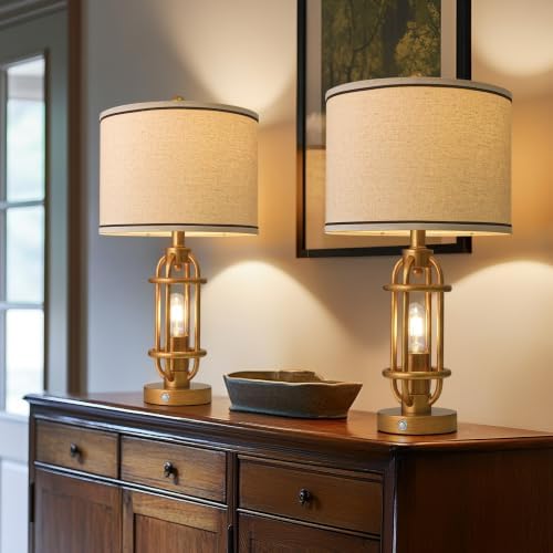 G-SAFAVA 23.75'' Table Lamps Set of 2 for Living Room Bedroom Industrial Farmhouse Metal Touch Lamps with USB A+C Ports, Night Light Vintage Nightstand Bedside Lamp, Bulbs Included, Antique Gold - Image 2
