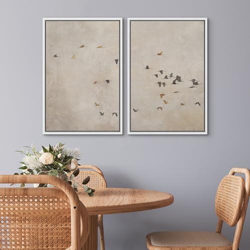 SIGNWIN Framed Canvas Print Wall Art Set Flying Birds Silhouette Minimalist Beige Illustrations Modern Minimal Decorative for Living Room, Bedroom, Office - 16"" x24 x2 White - Image 3