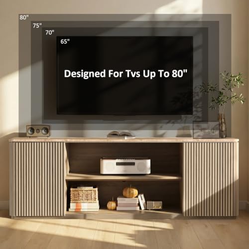 70" Modern Fluted TV Stand for TVs Up to 80", Faux Marble Top, Natural Oak - Image 5