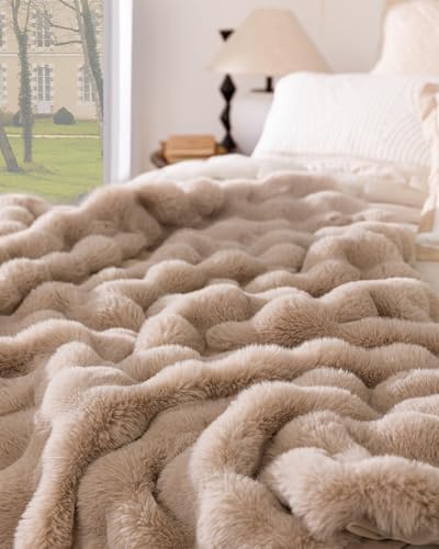 Ultra Soft Cozy Faux Fur Throw Blanket, Fuzzy Plush Thick Bubble Blanket, Oversize Luxury Fluffy Blanket for Couch, Bed, and Living Room, 60x80 Inches, Light Brown - Image 2