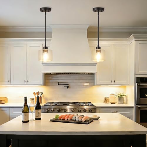 Black Pendant Lights Kitchen Island 2 Pack, Modern Clear Glass Hanging Light Fixtures with Rods, Mini Kitchen Pendant Lighting Over Island for Sink Bathroom, OS-YQ8153-2PBKC - Image 4