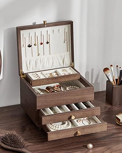 CHOSIN Wooden Jewelry Box, 3 Layer Large Jewelry Organizer for Women, Black Walnut Wood, Jewelry Storage for Necklaces Rings Earring Watches Bracelets,Ideal Gift for Her(No Mirror) - Image 2