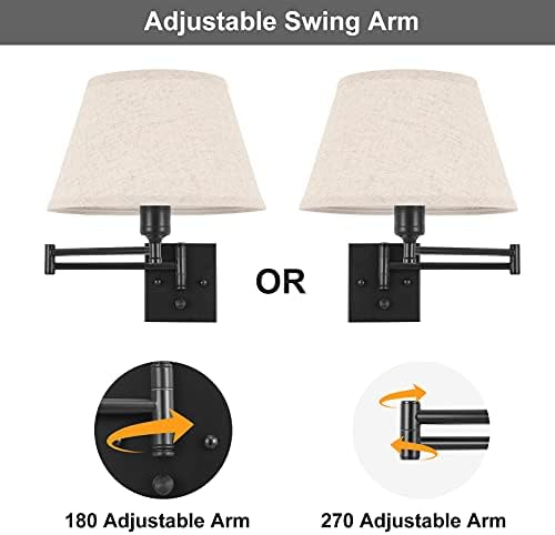 TRLIFE Dimmable Wall Sconce Plug in, Wall Sconces Set of Two Swing Arm Wall Lights with Plug in Cord and On/Off Dimmer Rotary Switch, 11.8" Large Beige Fabric Shade(2 Pack, 2 Bulbs Included) - Image 3