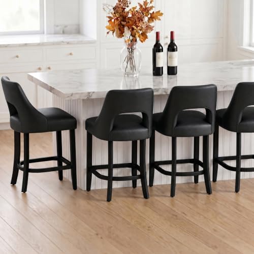 UVV Bar Stools Set of 2, Modern Upholstered Counter Height Bar Stools, Faux Leather Counter Stools BarStools with Wood Legs for Kitchen Island Dining Room Bar, Black - Image 5