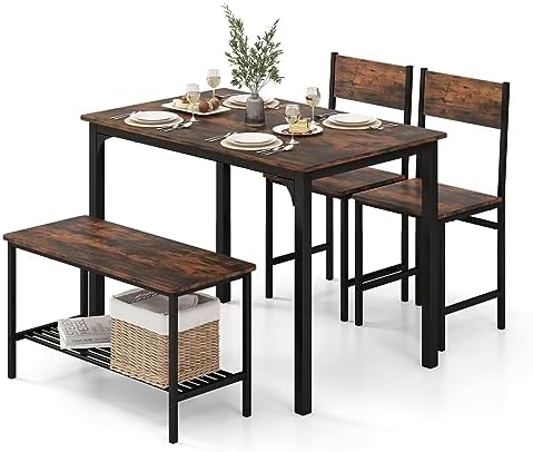 COSTWAY Dining Table Set for 4 w/Bench & 2 Chairs, Storage Racks, Coffee by COSTWAY