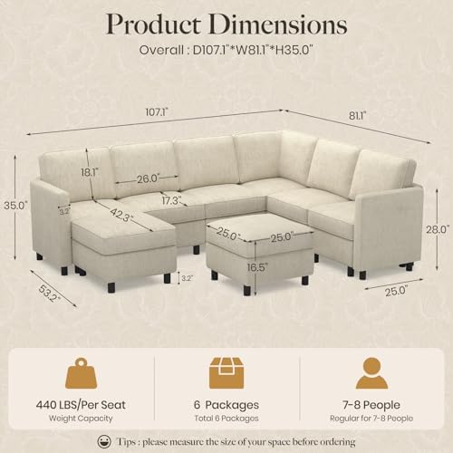 Belffin 107.1" 8 Seats U Shaped Couch Modular Sectional Sofa Seat Couch with Storage Comfy Washable Sectional Couches for Living Room Sofas Set with Chaise,Beige - Image 2