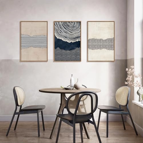 LHIUEM Large Abstract Navy Blue Beige Framed Canvas Wall Art,Modern Tree Rings Shapes Wall Decor,Neutral Retro Wooden Artwork for Living Room,Bedroom,Dining Room,Office -24"x36"x3 - Image 3