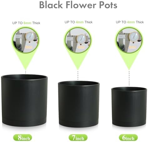 Meowell 8/7/6 inch Plant Pots, 3 Set Cylinder Flower Pots for Outdoor Indoor Plants, Decorative Plastic Planters with Drainage Holes and Saucers for Garden House Plants, Black - Image 6