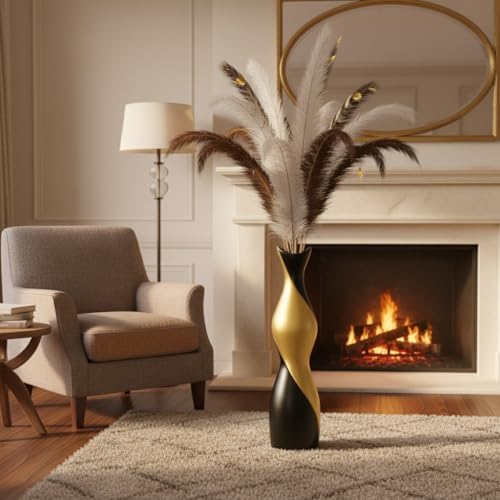 Tall Floor Vase - Matte Black & Gold Tall Decorative Vase, 24 Inch Modern Vase for Pampas Grass, Feathers, Dried Flowers, Home Decor Centerpiece for Living Room, Entryway, Bedroom - Floor Resin - Image 3
